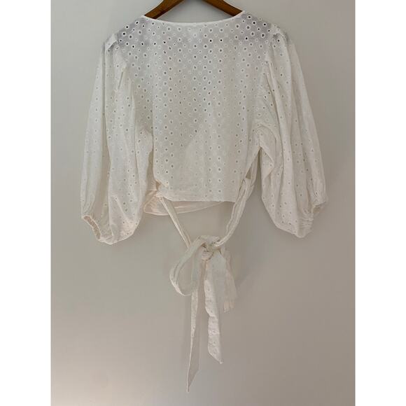 L Space Anthropologie Eyelet White Lace Puff Sleeve Tie Wrap Around Waist Crop M - Picture 7 of 10